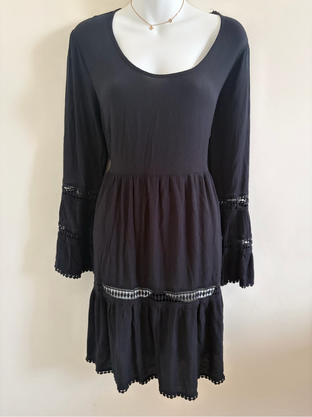 Black Long-Sleeve Boho Tiered Dress